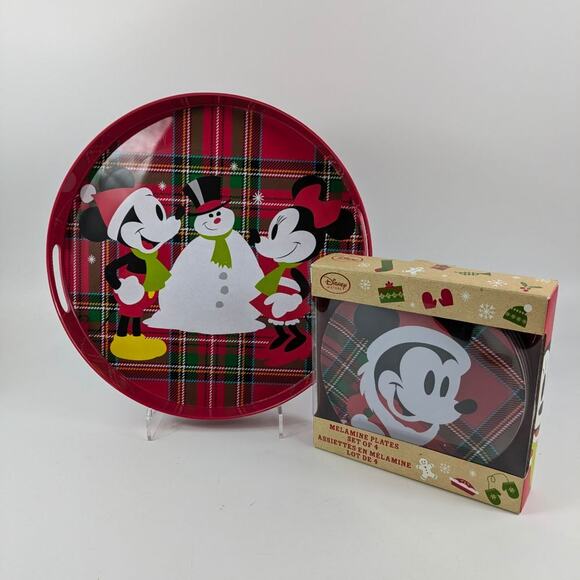 Mickey Minnie Mouse Christmas Tray Plates Serving Melamine Plaid Red Green New - Picture 1 of 16